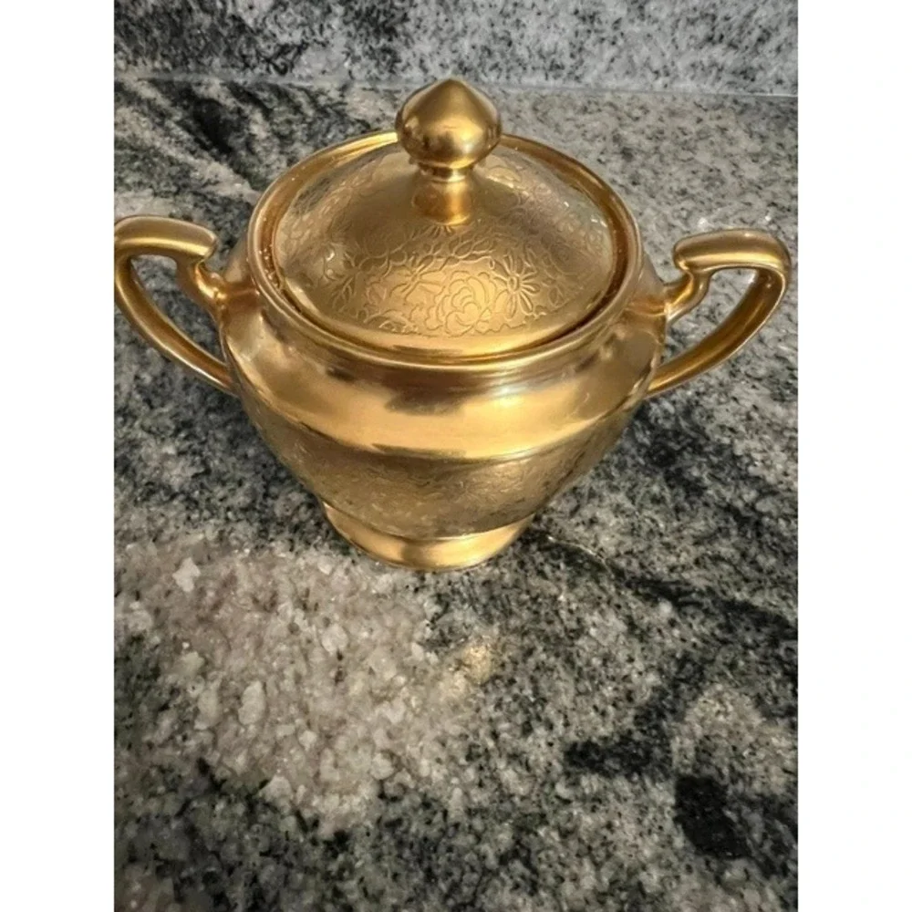 Vintage Pickard Gold Etched Sugar Bowl and Lid Rose & Daisy Pattern Art Deco 24K